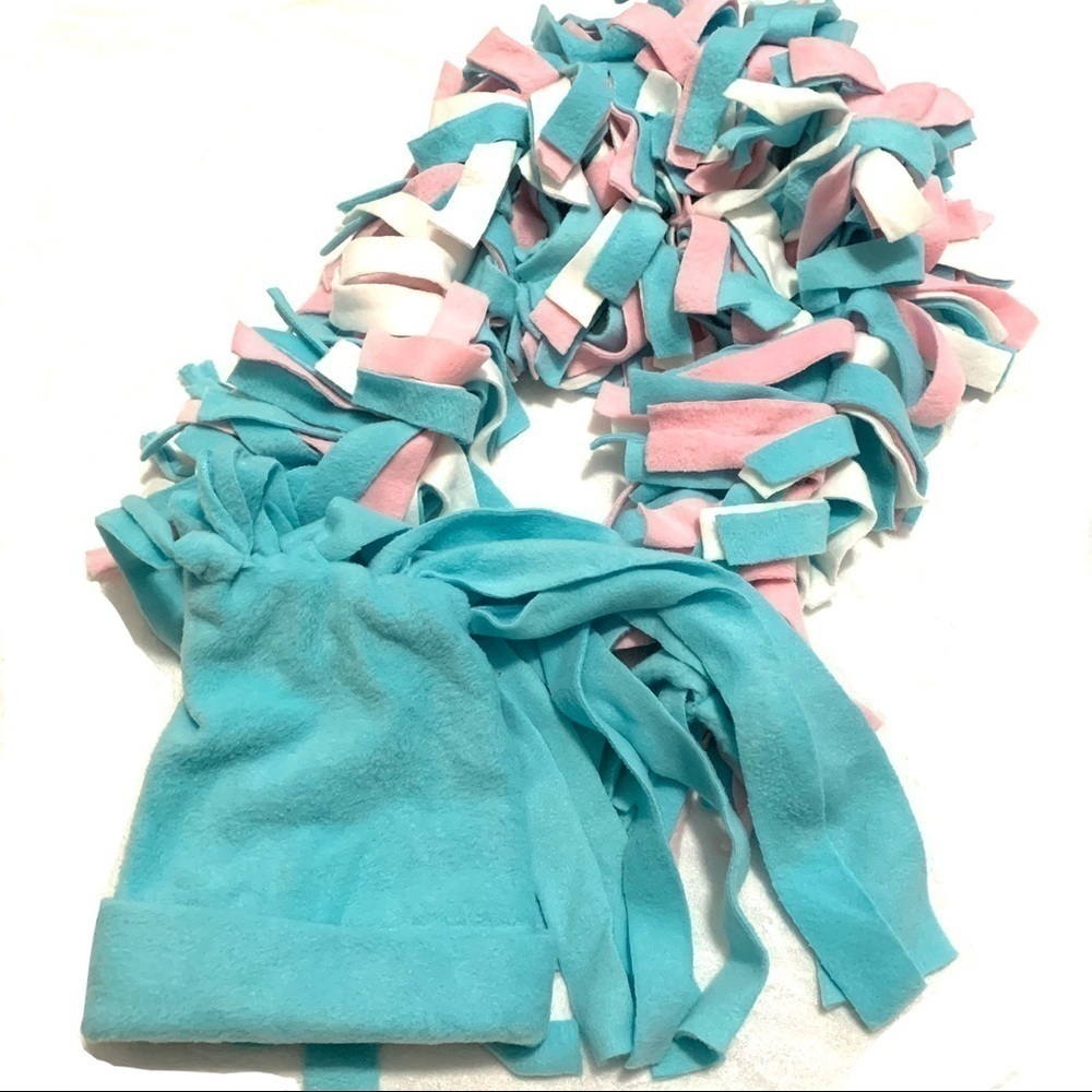 Handmade Baby Blue, Pink, & White Fleece Scarf & Matching Hat Fringe Winter Set